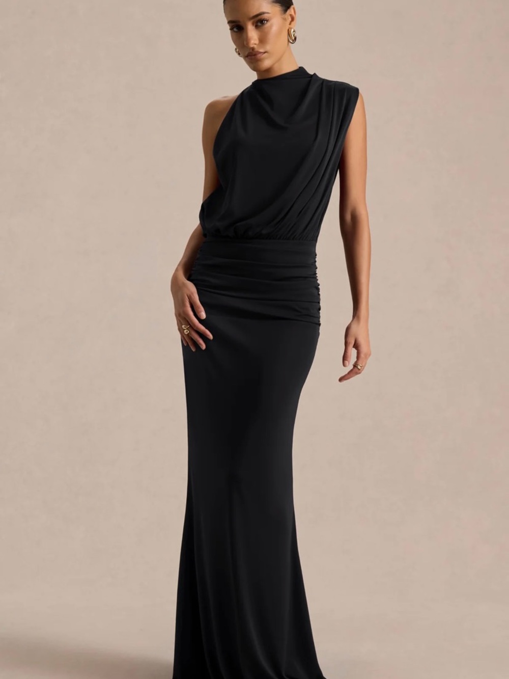 LAVENDER BROWN Elegant Black Draped Neck Side Ruching Evening Gown. A1